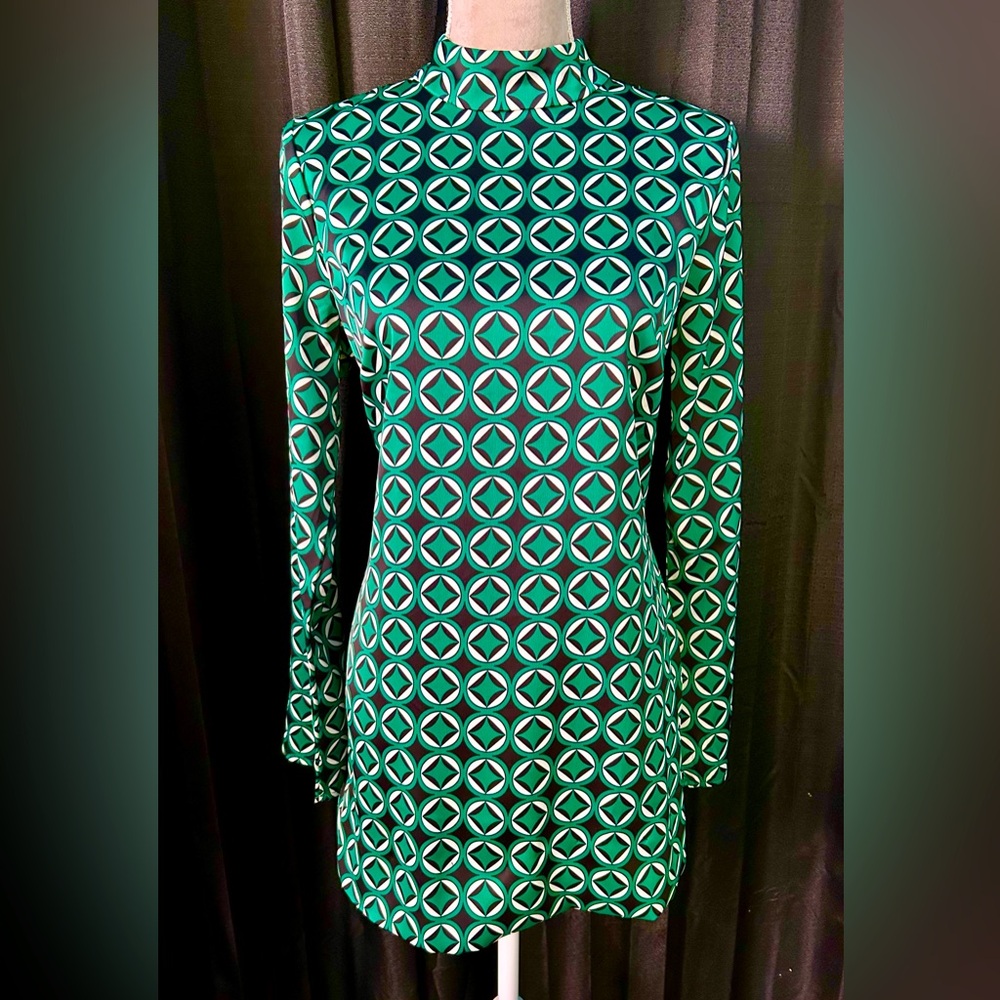 MNG Green, Black, White Geometric Long Sleeve Mini Dress, Size 6